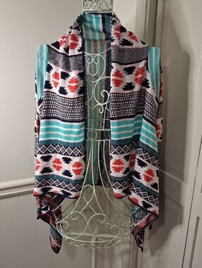 Red Camel Teal Coral Black Aztec Open-Front Cardigan Vest